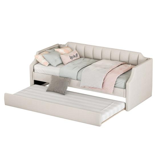 90x200cm Folding Bed Cotton Linen Fabric Day Bed with Pull-out Bed Headboard Strong Wood Slat Support Bed Home Furniture,