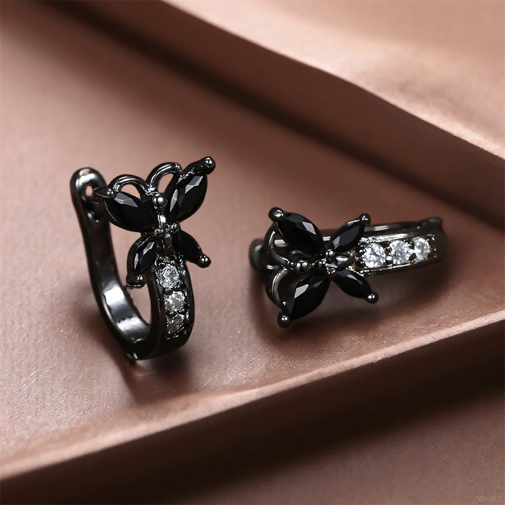 Vintage Black Zircon Cute Small Butterfly Hoop Earrings For Women Black Metal Color Ear Buckle Wedding Jewelry Versatile Gifts