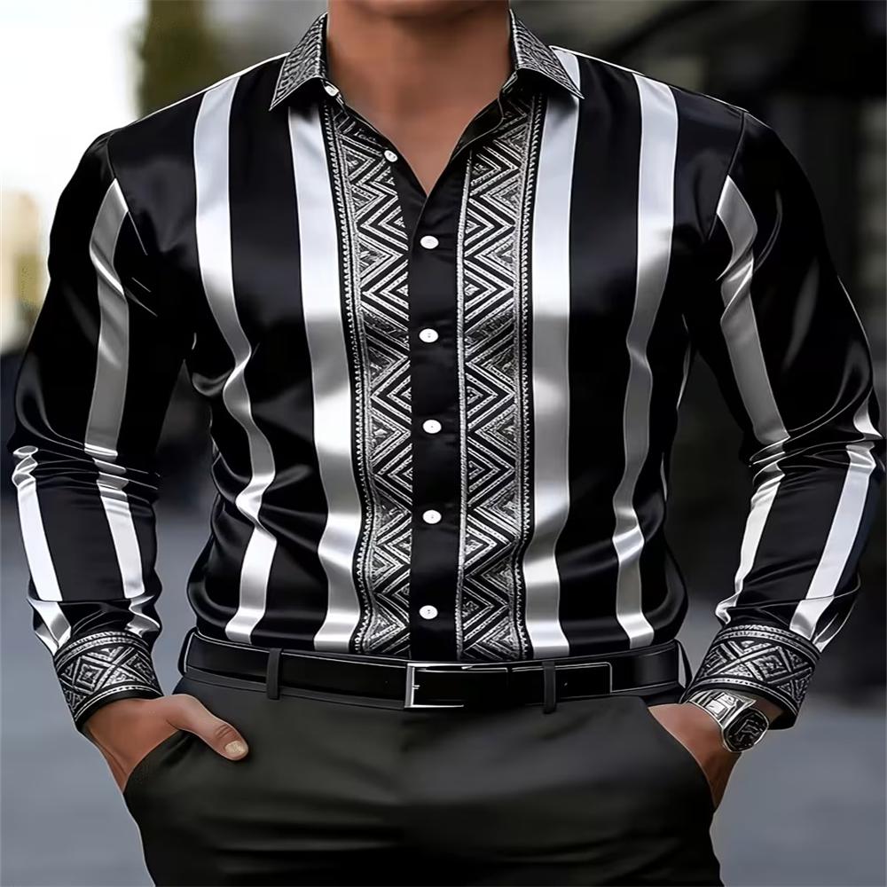 Stripe Satin Men Shirt Geometric Jacquard Slim Long Sleeve Formal Business Dress Top