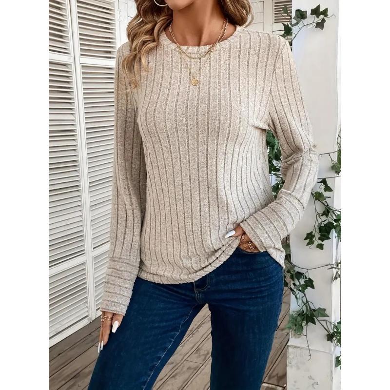 Solid Color Round Neck Ribbed T-shirt Spring and Autumn Casual Long-sleeved Top Women's