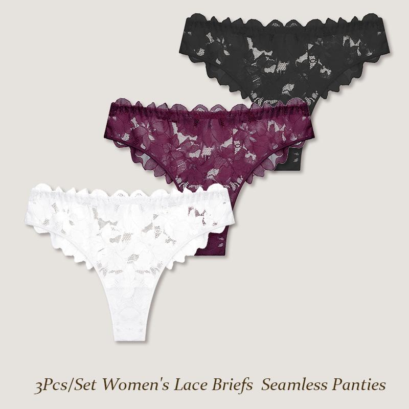 FINETOO 3Pcs/Set Women's Lace Briefs Women Seamless Panties Solid Color Breathable Underwear Female Low Waist Soft Lingerie S-XXL