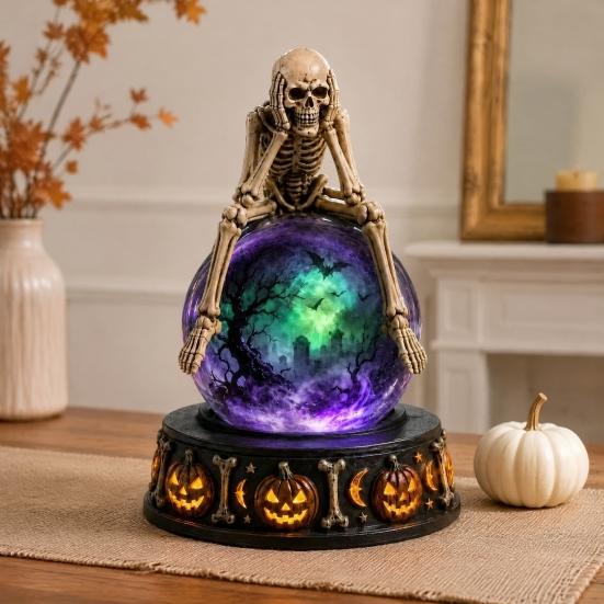 Unique Halloween Gift for Friends LED Lighted Faux Crystal Ball Decoration, Resin Witch/Skeleton/Cat/Ghost Figurine with Led Light