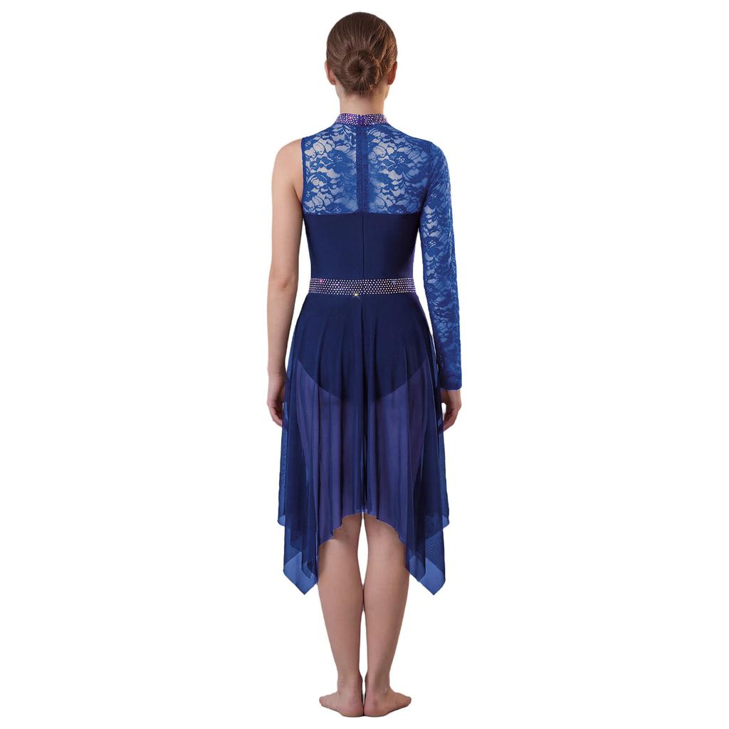 Damen Lyrical Dance Asymmetrisches Bodysuit-Kleid Einzelner Langer Ärmel Blumenspitze Unregelmäßiger Saum Rock