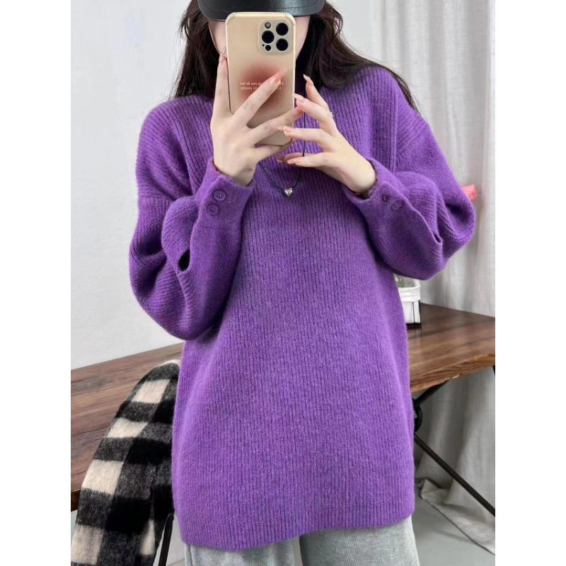 Lazy wind thickened loose cuffs button-knitted pullover sweater for women's autumn and winter medium and long inner top for women