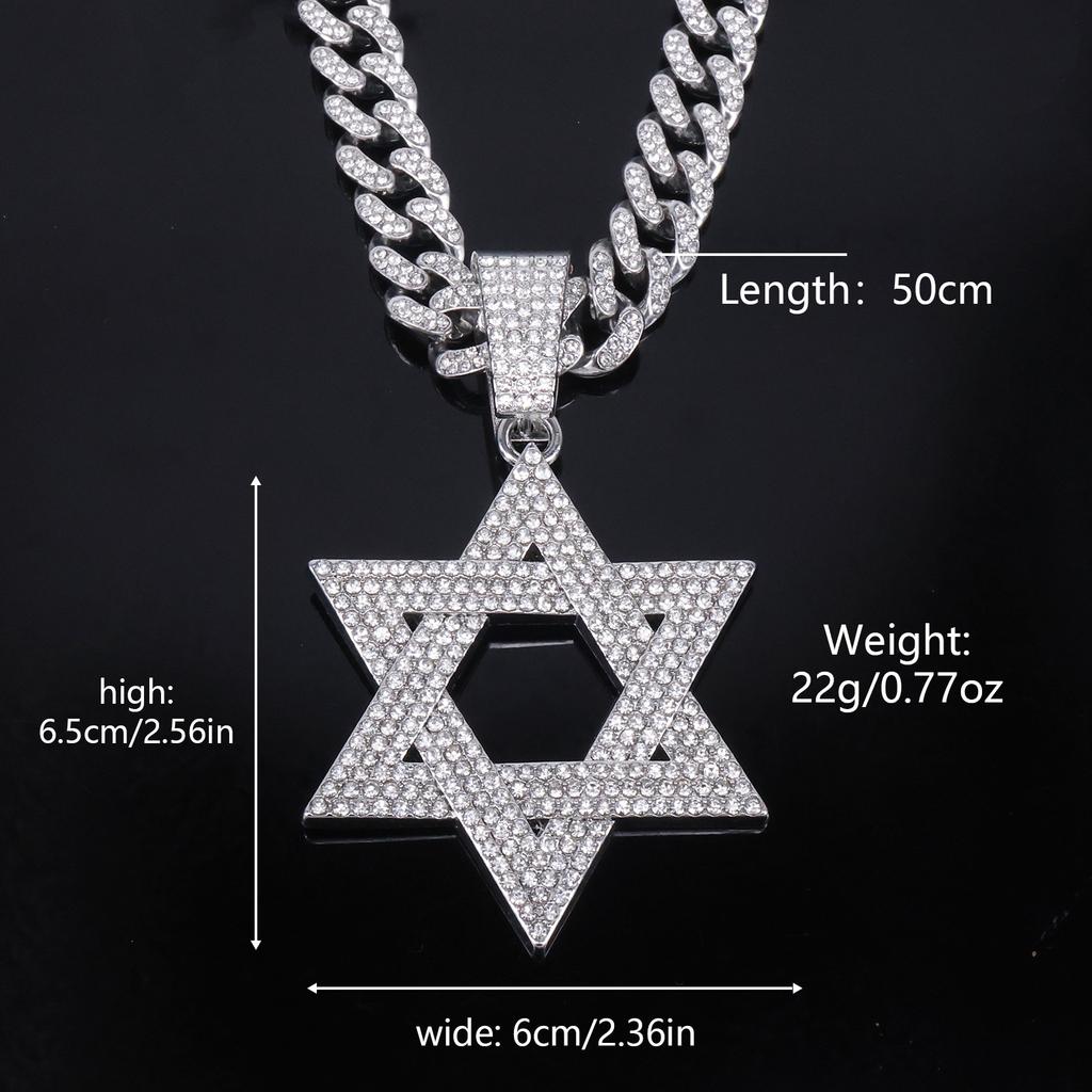 Hip Hop Alloy Necklace Trendy Full Rhinestone Hollow Star of David Pendant European American Rap Street Fashion Accessories