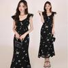 Feifei Sleeve Butterfly Printed Fishtail Dress Black Waist Medium and Long Small Sleeveless Dress Women's Summer