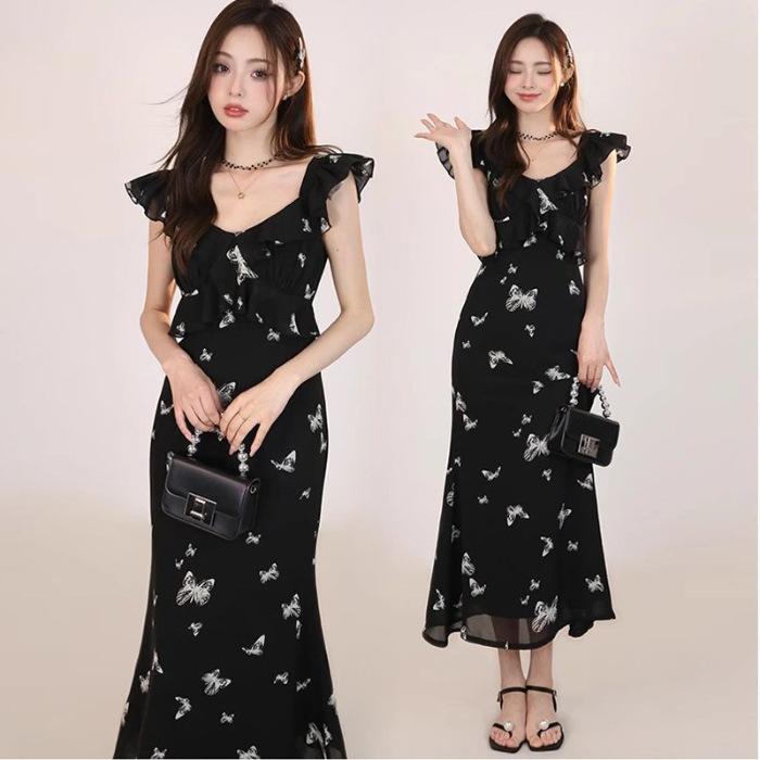 

Feifei Sleeve Butterfly Printed Fishtail Dress Black Waist Medium and Long Small Sleeveless Dress Women s Summer S чёрный