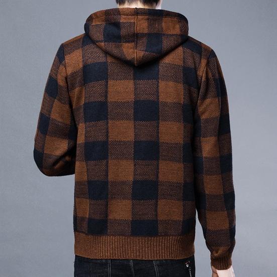 Men Fall Winter Jacket Color Matching Plaid Print Knitted Hooded Zipper Closure