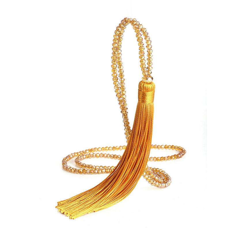 Fashion 14 Colors Long Fringe Silk Tassel Necklace Women Glass Bead Crystal Pendant Necklaces Statement Vintage Bohemian Jewelry