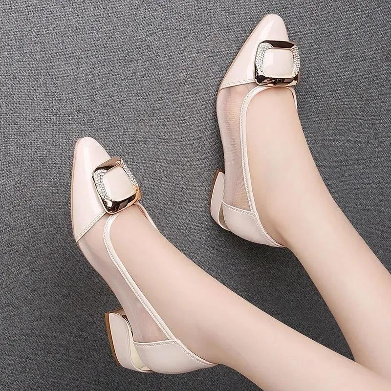 WTEMPO Rhinestone Low Thick Heel Mesh Singe Faux Leather Shoes Women Mesh Breathable Versatile Solid Color Cool Pumps