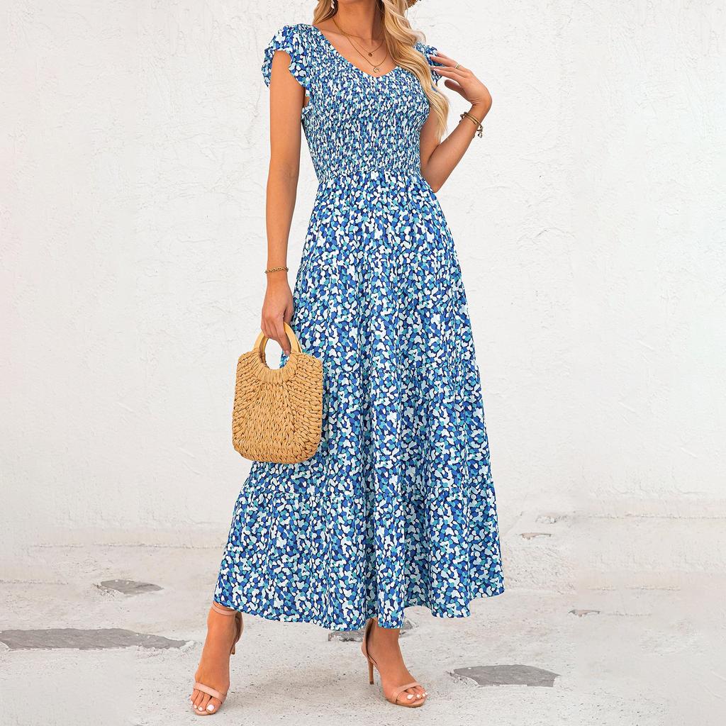 V-neck Backless Pleated Fly Sleeve Printed Dress