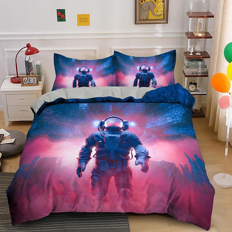 Astronaut King Queen Duvet Cover Space Cycling Bedding Set Cartoon Universe Comforter Cover Galaxy 2/3Pcs Polyester Quilt Cover