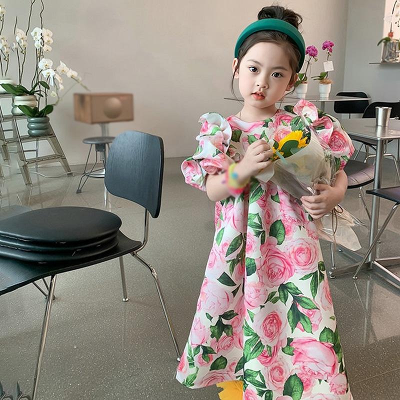 Girl Round Neck Puff Sleeves Dress Sweet Princess Dress