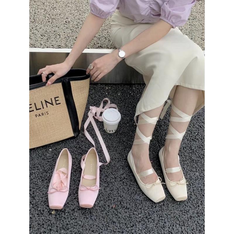 

2025 новая одинарная обувь на плоской подошве, мягкая подошва, с мелким вырезом, туфли Мэри Джейн, балетки, атласные скрещенные ремешки, одинарная обувь 39 розовый