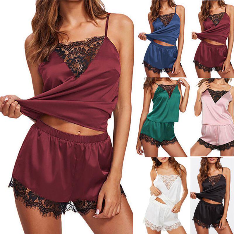 Luxurious Women Lace Sleepwear Pajamas Set Featuring Spaghetti Straps And Chic Nightwear