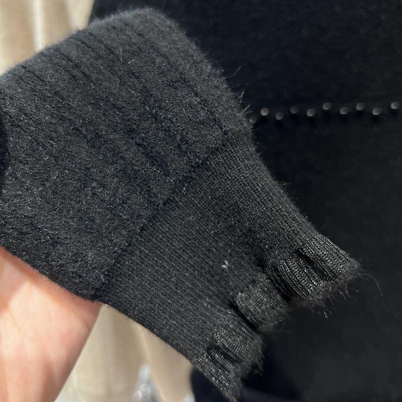 Pulover de damă de toamnă și iarnă cu mărgele pentru unghii, călduros, dintr-o singură piesă, din catifea, cu gât semi-înalt și bază tricotată cu bordură groasă din dantelă