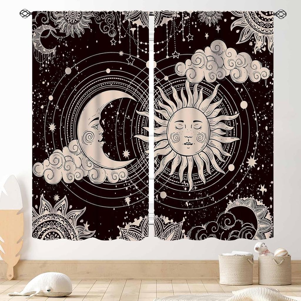 Wild Floral Moon Curtains, Boho Vintage Moon Phase Botanical Mid Century Moonlit Plants Aesthetic Spring Flower Blackout Window