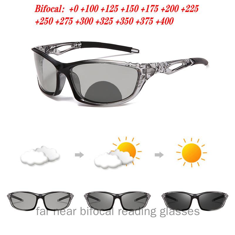 Overgang Fotochromische Bifocale Leesbril Mannen Sport Fietsen Vierkante Zonnebril Lezers Mode Anti UV-straal Oogvermoeidheid NX +250 grijze kleur