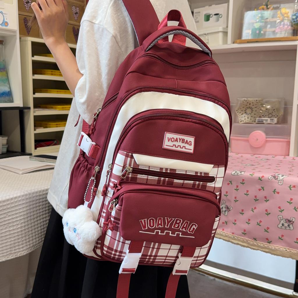 Schoolbag Korean version of Mori college student schoolbag female high-value plaid contrasting color college wind burden reduction multi-compartment