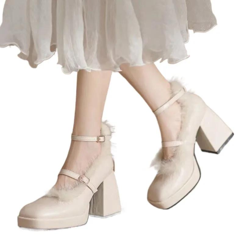 Women's Shoes 2024 Brand Buckle Strap Women's High Heels Fashion String Bead Dress Pumps Women Hot Sale Square Toe Heels Women