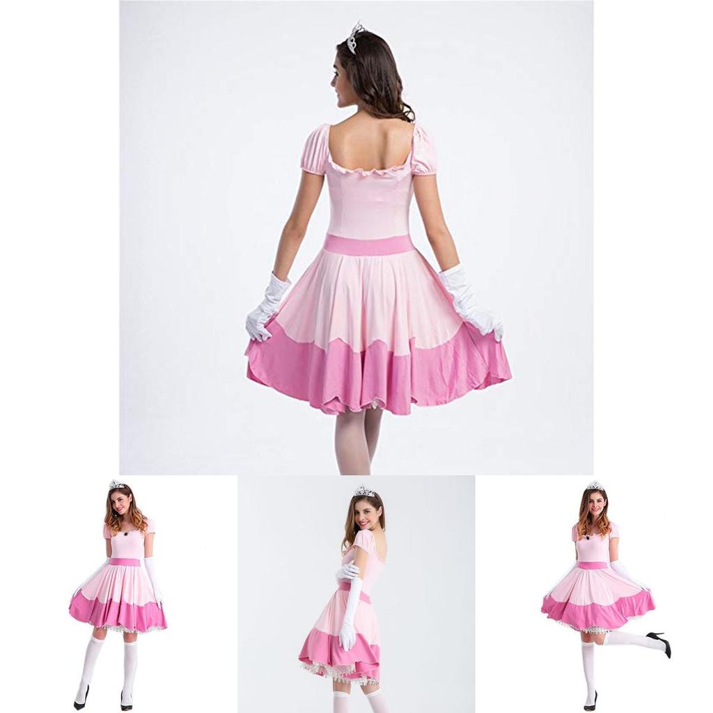 Elegant Super Mario Pink Princess Peach Costume Dress With Crown And Gloves Set