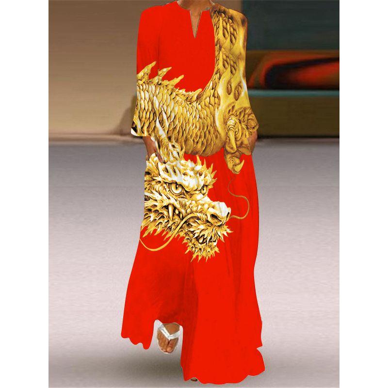 Long Sleeve Dress Good Luck Koi Pattern Print Dress Stage Show Performance Wear Travel Photography Clothes