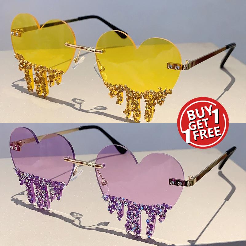 1/2 Pairs Heart Shaped Sunglasses with Rhinestones Women Fashion Rimless Rave Shades Trendy Original Design Sun Glasses