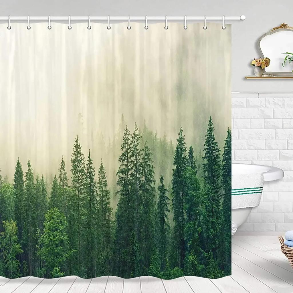 Rustic Nature Forest Shower Curtains, Misty Forest Nature Mountain Green Fog Magic Woodland Pine Tree Bathroom Curtain Decor Set
