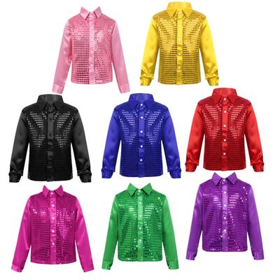 Kids Teens Boys Sequined Long Sleeve Shirt Hip Hop Jazz Disco Dance Shirt Tops Performance Costumes