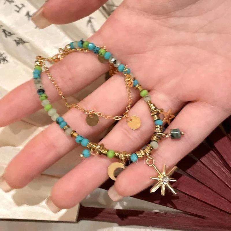 Vintage Bohemian Style Beaded Layered Bracelet Sunflower Moon Pendant Women'S Jewelry Gift Accessories