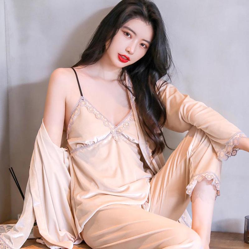 

Женский милый сексуальный пижамный комплект из золотистого бархата - осень/зима, комплект из трех предметов для дома XL (120-145 jin)