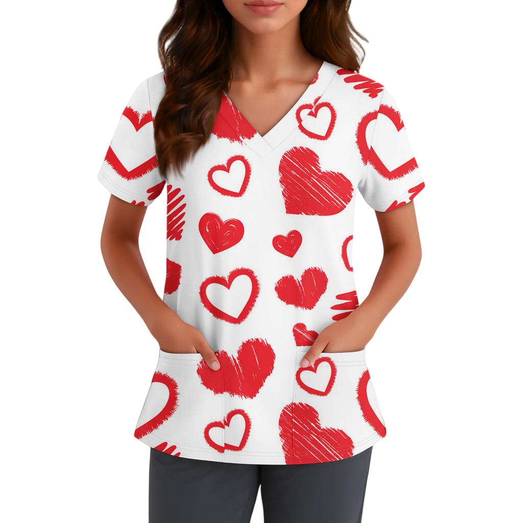 Damen Niedlich Schleife Bedruckt Arbeitskleidung V-Ausschnitt Doppellagig Taschen Basic Kurzarm Oberteil Pullover