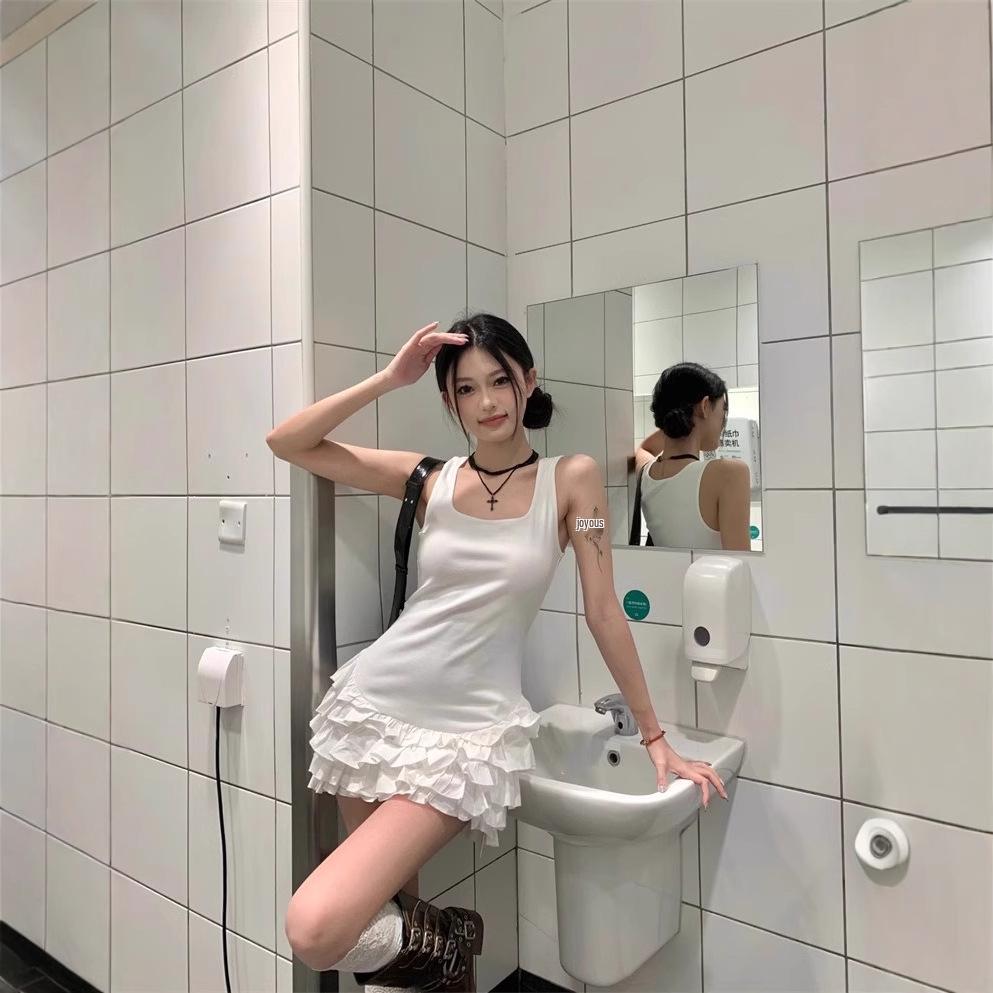 Women's Sleeveless French Knitted Vest Dress - Waist-Cinching First Love Style Little White Dress