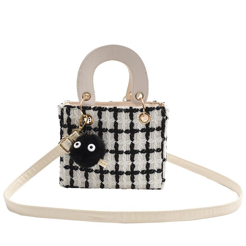 Wool Blend Girl Shoulder Bag With Plaid Pattern For Casual Daily Use
