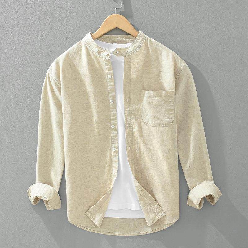 Japanese-Style Casual Cotton-Linen Stand-Collar Long-Sleeve Shirt for Men, Loose and Breathable Linen Top for Spring and Autumn