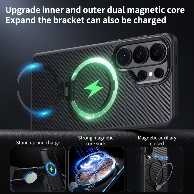 360 Rotating Kickstand Magnetic Carbon Fiber Pattern Case for Samsung S26 Ultra S25 S24 Plus S23 S22 Shockproof Sturdy Cover