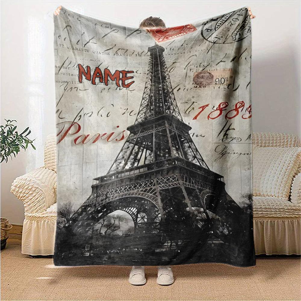 Eiffel Tower Paris Vintage Postcard Theme Cozy Personalized Blanket Customize Your Name Warmthful Decor For Sofa Couch Office Bed Picnics Ideal For