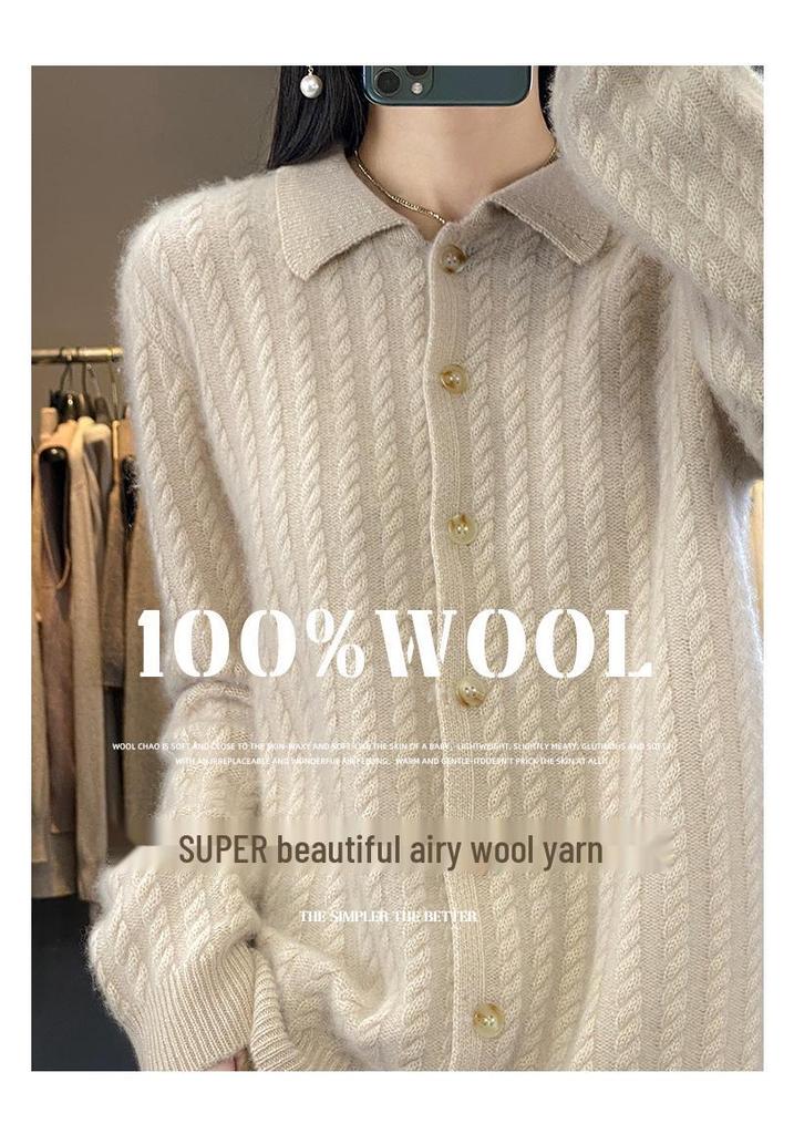 Women's Slim Cable Knit Cardigan with Cashmere Collar - Versatile Autumn/Winter Style