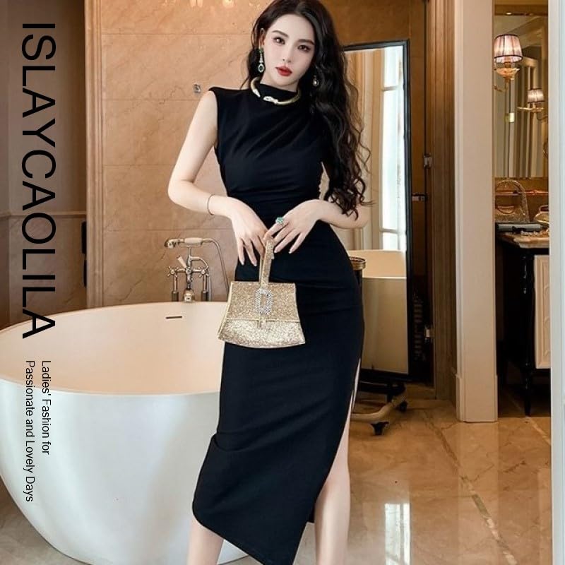 ISLAYCAOLILA E90 Jenif Cabaret Mini Club Party Tight Long Dress with Gathered Maxi Crew and Waistline Women's Dress, Dress, Dress, Dress, Slit, Dress,
