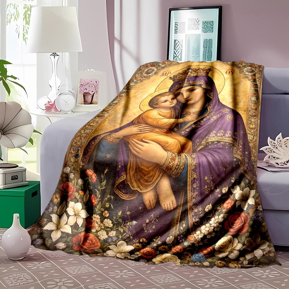 1PC Religious-themed mother and child Faith-printed Flannel Blanket Soft and Warm Suitable for Home Travel Picnics Camping RV