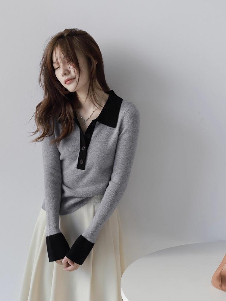 Elegant Women's Polo Collar Knitwear: Autumn/Winter Sweater Base Layer with French Design Sense