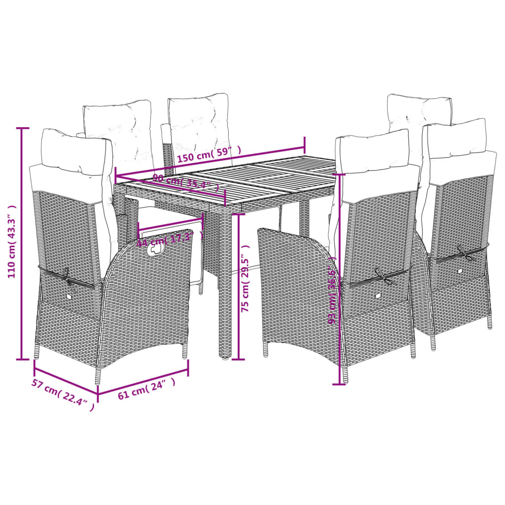 7 Piece Outdoor Dining Set with Cushions Grey Poly Rattan