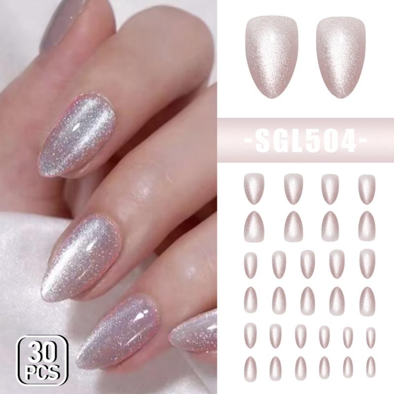 Medium Almond Press On Nail 30 Pieces Set Cats Eye Design in Autumn Stick on Nail Acrylic False Nail Manicures Ornament
