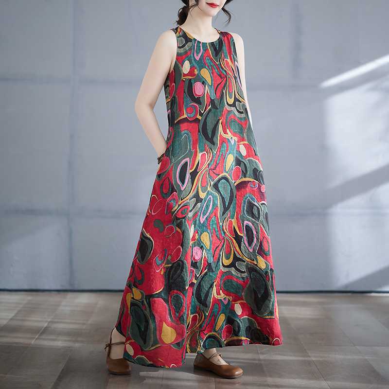 Long Skirt Summer New Sleeveless Round Neck Printed Dress