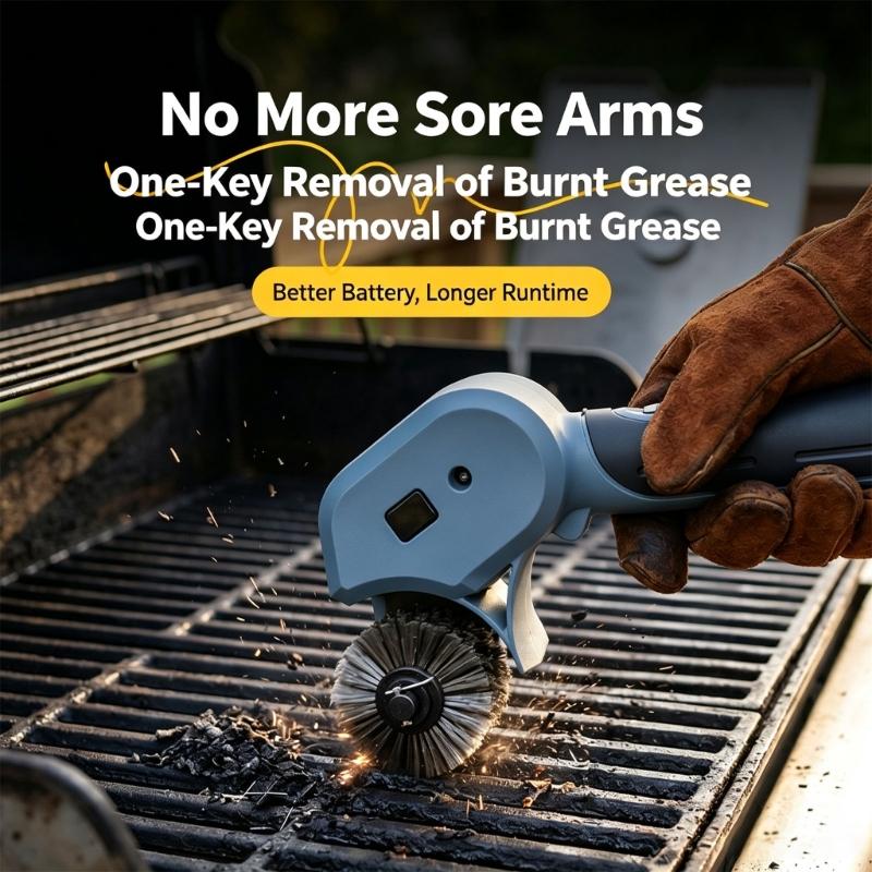 Rechargeable Electric Barbecue Brush with Wide Wire Head, Handheld Form and Detachable Brush Head for Outdoor Cooking Care After Cooking