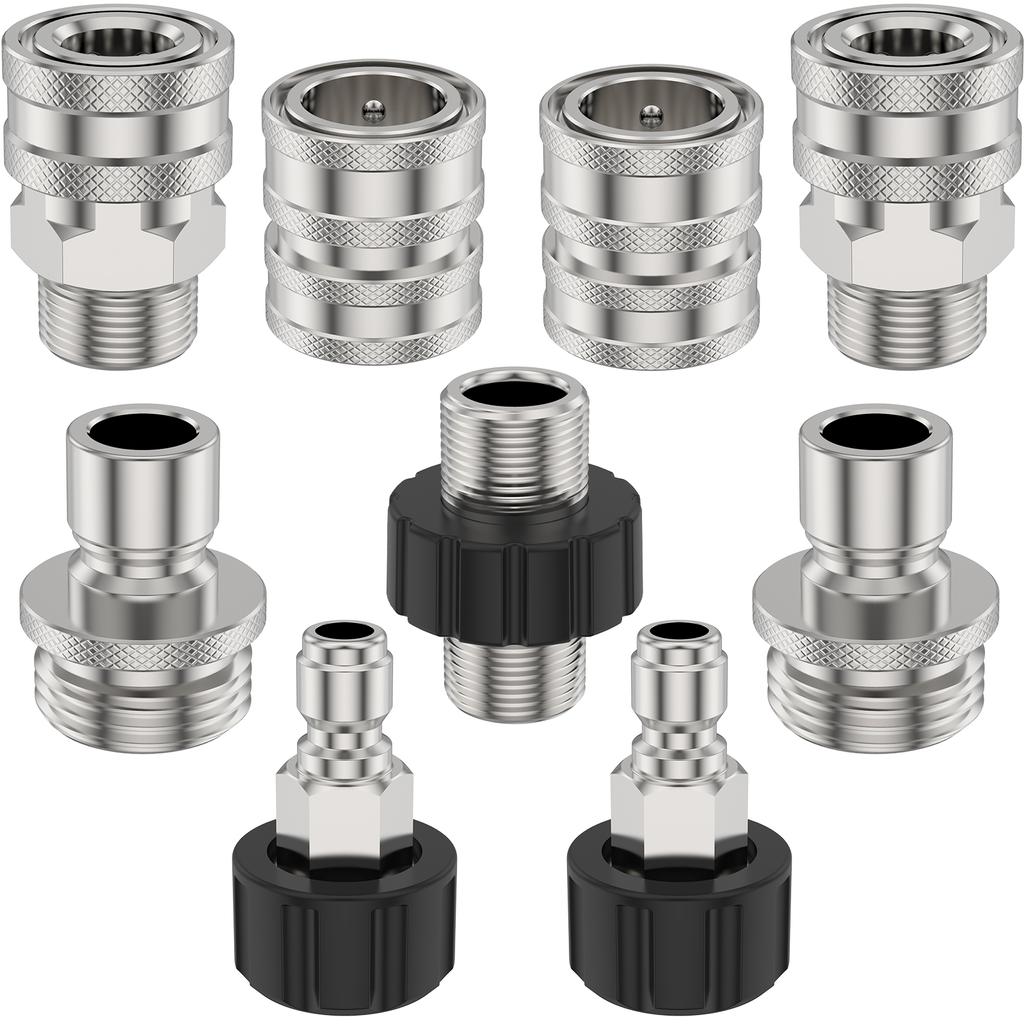 9Pcs Pressure Washer Adapter Set 5000PSI Max Stainless Steel M22 14mm To 3/8 Inch Quick Connect Pressure Washer Hose Fittings