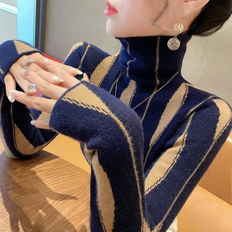 Autumn and Winter New Sweater High Neck Color Blocked Explosive Stylish and Slim Fit Knit Pullover Women's Base