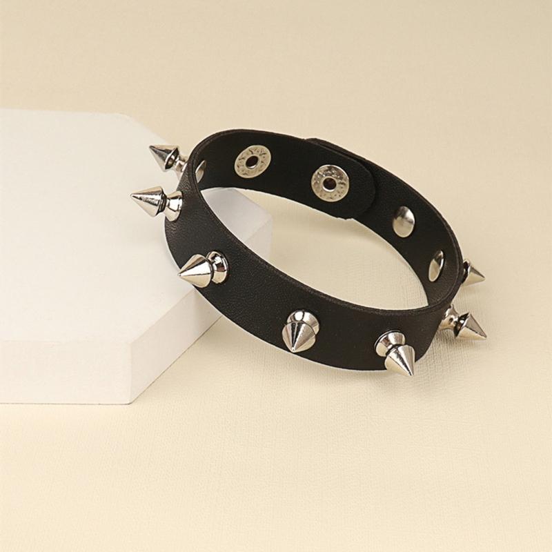 Spiked Studded Bracelet Black Leather Rivets Punk Bracelet Cuff Wrap Bangle Metal Snap Button Wristband for Men Women