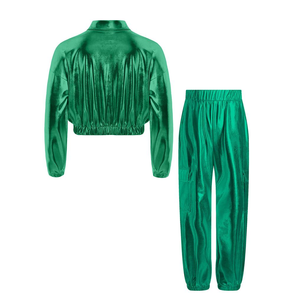 Girls Hip-Hop Jazz Street Dance Party Set Modern Stage Performance Set Jacket Outwear Coats with Long Pansts 2pcs Dancewear