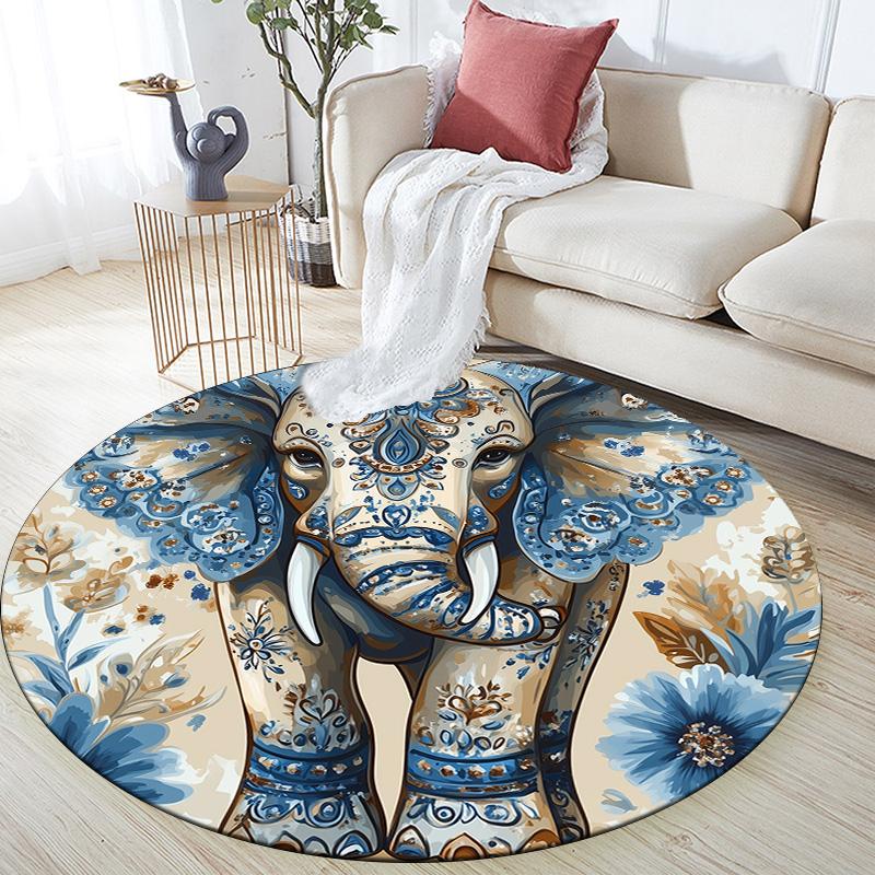 Vintage Elephant,Round Area Rug,Carpet Rug for Living Room Bedroom Sofa Playroom Decor,Non-slip Floor Mat